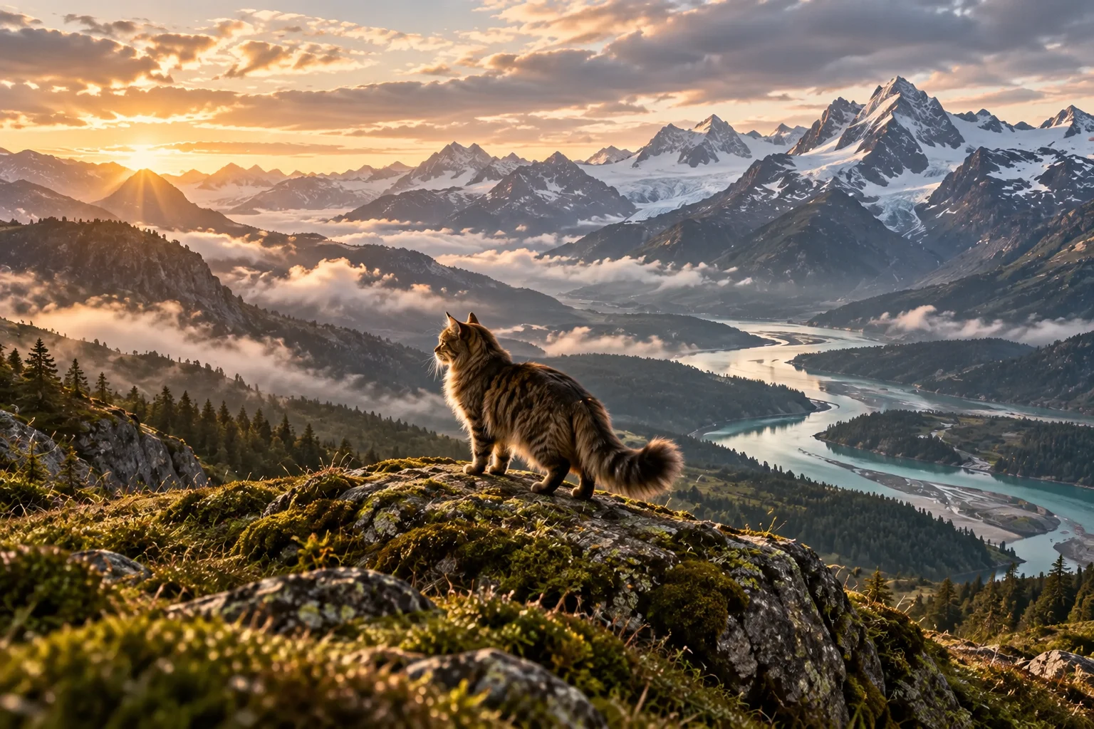 晨光照亮雪峰与开阔山谷，猫咪站在岩石上望向远方