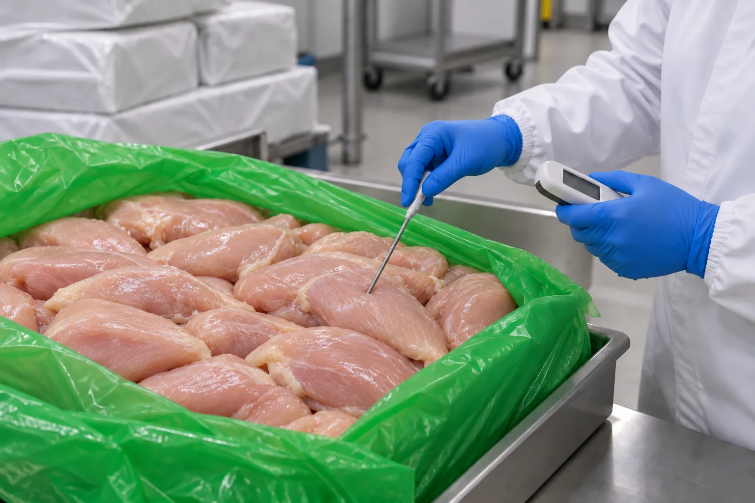 原料到货验收场景示意：在工厂现场检查鸡胸肉温度