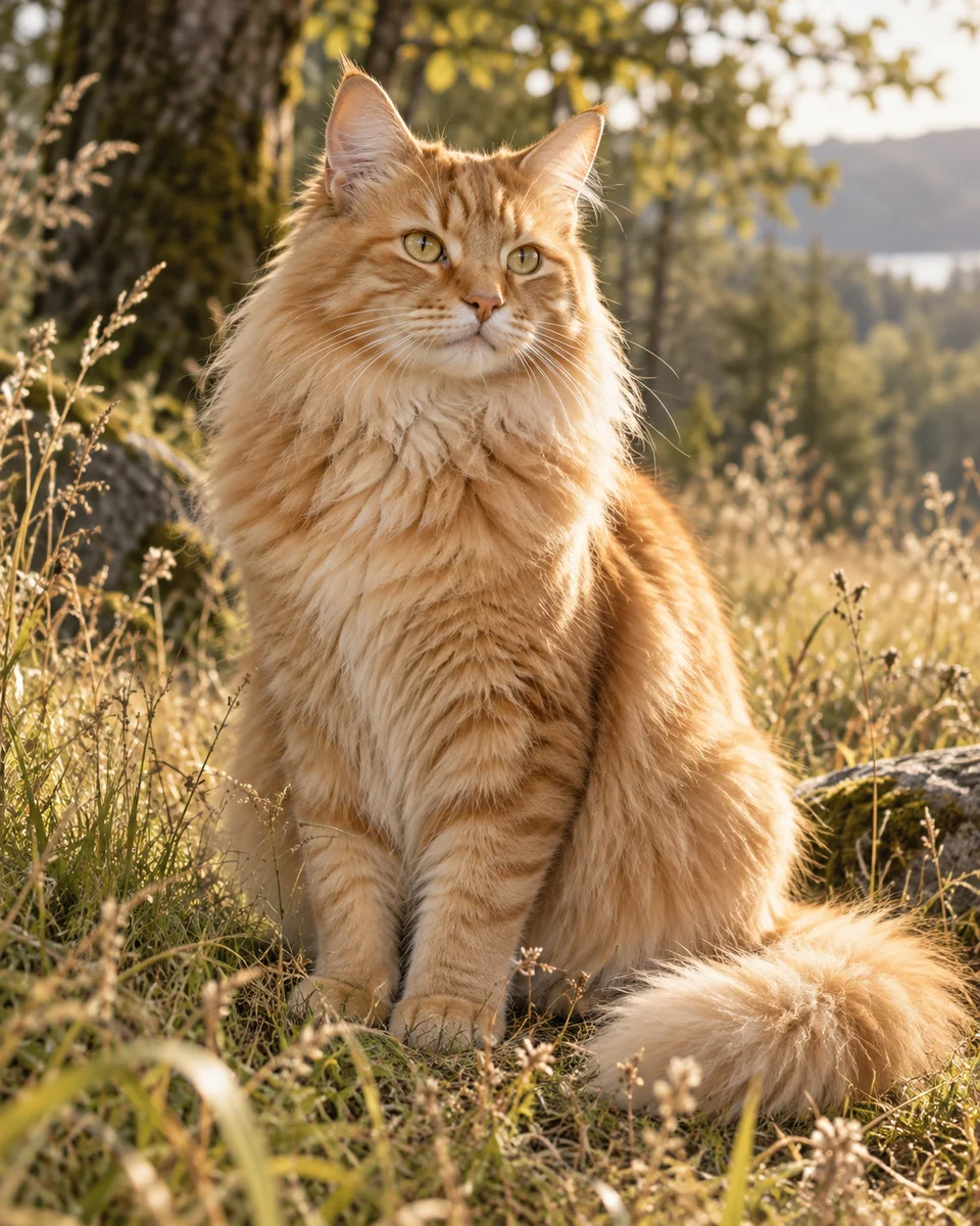 暖阳下坐在草地中的长毛橘猫