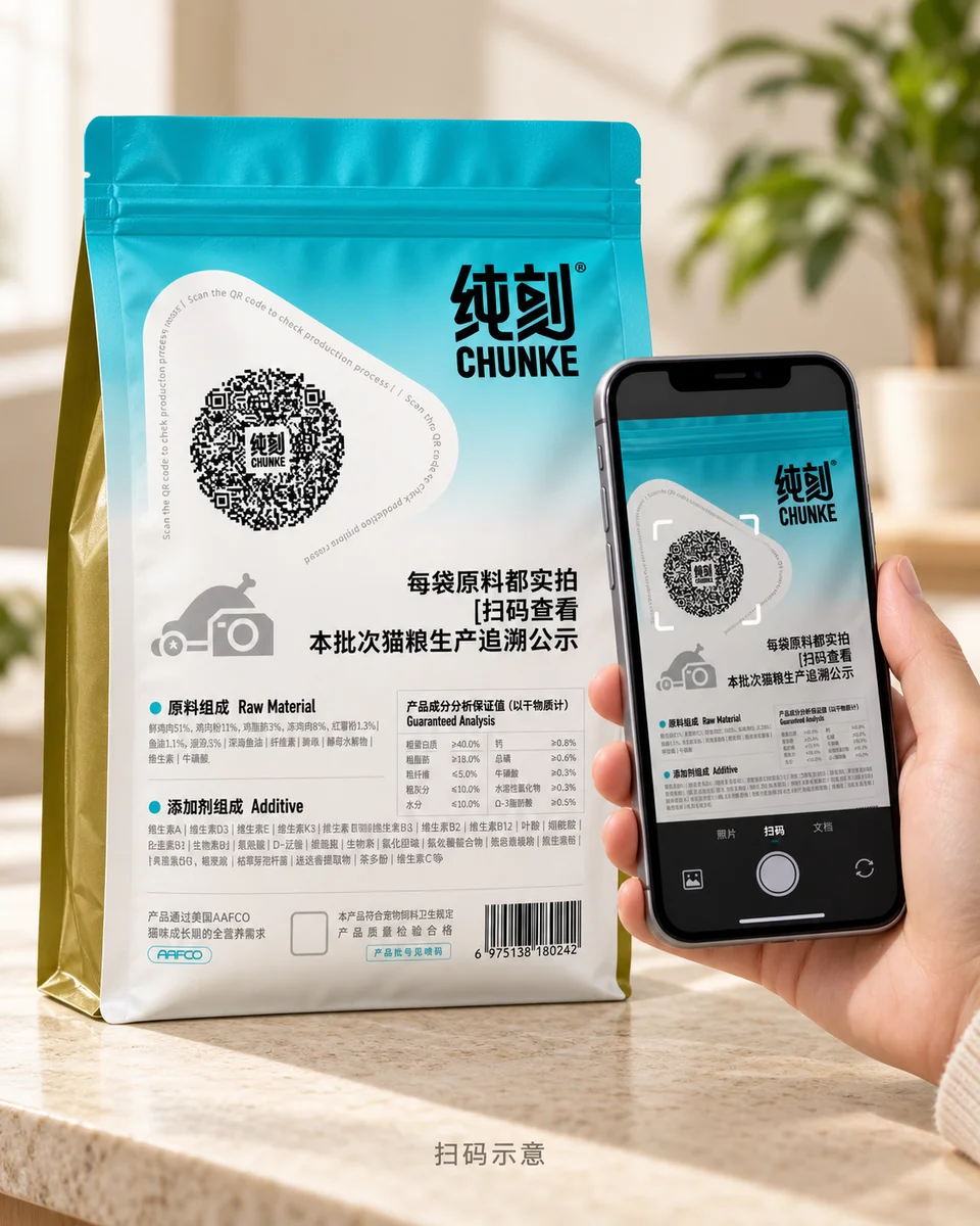 扫码场景示意：参考真实 B40 背面包装，用手机对准袋上的二维码查看所属批次资料